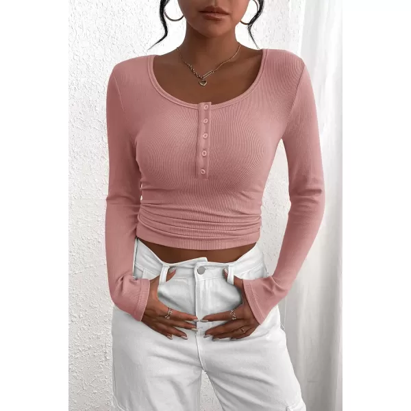 PRETTYGARDEN Womens 2024 Fall Long Sleeve Henley T Shirts Button Ribbed Knit Slim Fit Casual Basic Tops BlouseDusty Pink