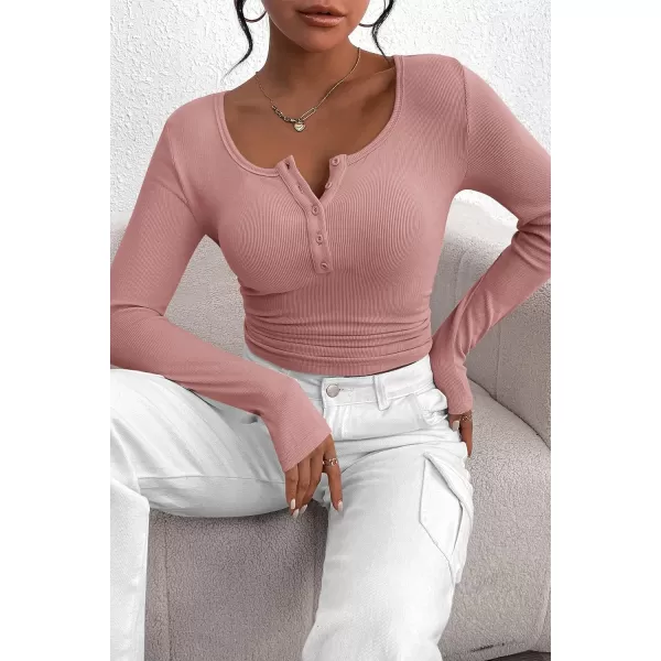 PRETTYGARDEN Womens 2024 Fall Long Sleeve Henley T Shirts Button Ribbed Knit Slim Fit Casual Basic Tops BlouseDusty Pink