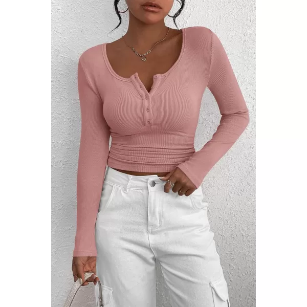 PRETTYGARDEN Womens 2024 Fall Long Sleeve Henley T Shirts Button Ribbed Knit Slim Fit Casual Basic Tops BlouseDusty Pink