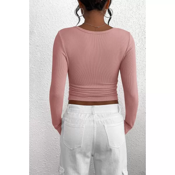 PRETTYGARDEN Womens 2024 Fall Long Sleeve Henley T Shirts Button Ribbed Knit Slim Fit Casual Basic Tops BlouseDusty Pink