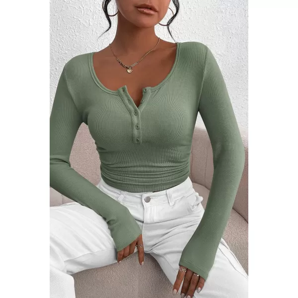 PRETTYGARDEN Womens 2024 Fall Long Sleeve Henley T Shirts Button Ribbed Knit Slim Fit Casual Basic Tops BlouseFruit Green