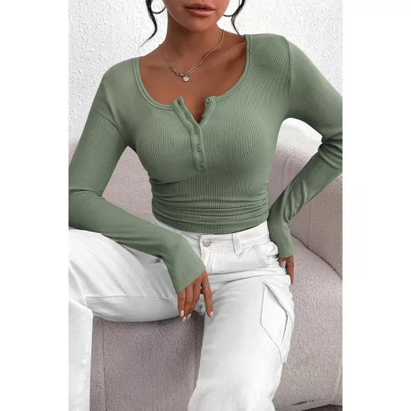 PRETTYGARDEN Womens 2024 Fall Long Sleeve Henley T Shirts Button Ribbed Knit Slim Fit Casual Basic Tops BlouseFruit Green