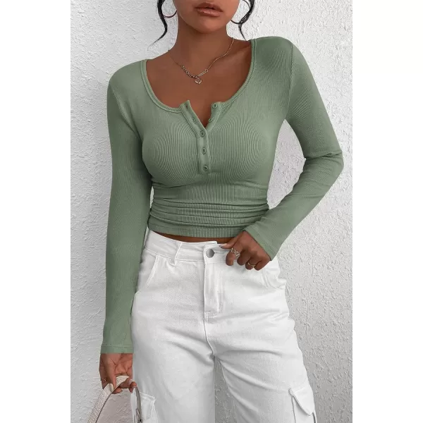 PRETTYGARDEN Womens 2024 Fall Long Sleeve Henley T Shirts Button Ribbed Knit Slim Fit Casual Basic Tops BlouseFruit Green