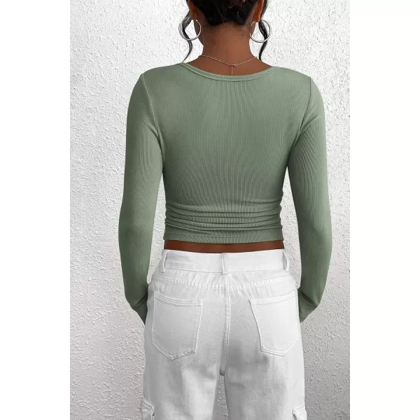 PRETTYGARDEN Womens 2024 Fall Long Sleeve Henley T Shirts Button Ribbed Knit Slim Fit Casual Basic Tops BlouseFruit Green