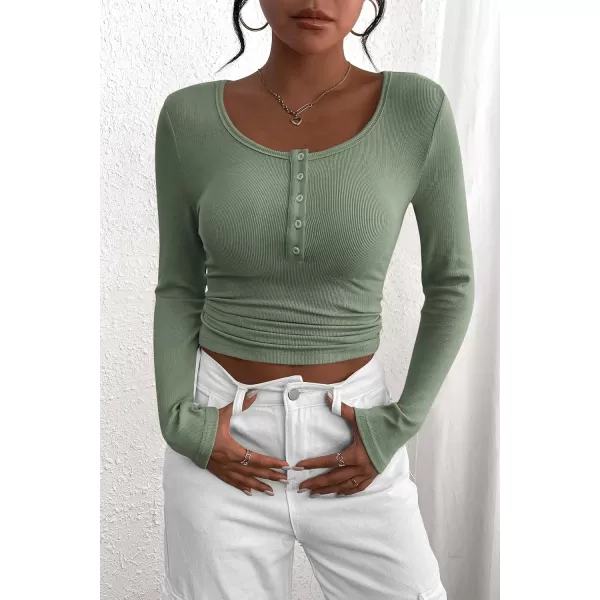 PRETTYGARDEN Womens 2024 Fall Long Sleeve Henley T Shirts Button Ribbed Knit Slim Fit Casual Basic Tops BlouseFruit Green