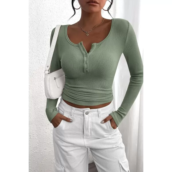 PRETTYGARDEN Womens 2024 Fall Long Sleeve Henley T Shirts Button Ribbed Knit Slim Fit Casual Basic Tops BlouseFruit Green