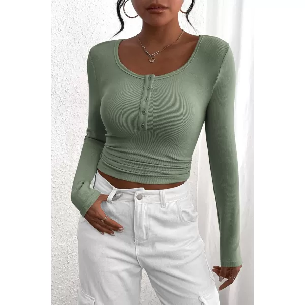 PRETTYGARDEN Womens 2024 Fall Long Sleeve Henley T Shirts Button Ribbed Knit Slim Fit Casual Basic Tops BlouseFruit Green