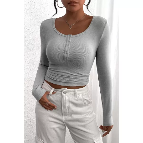 PRETTYGARDEN Womens 2024 Fall Long Sleeve Henley T Shirts Button Ribbed Knit Slim Fit Casual Basic Tops BlouseGrey
