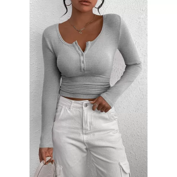 PRETTYGARDEN Womens 2024 Fall Long Sleeve Henley T Shirts Button Ribbed Knit Slim Fit Casual Basic Tops BlouseGrey