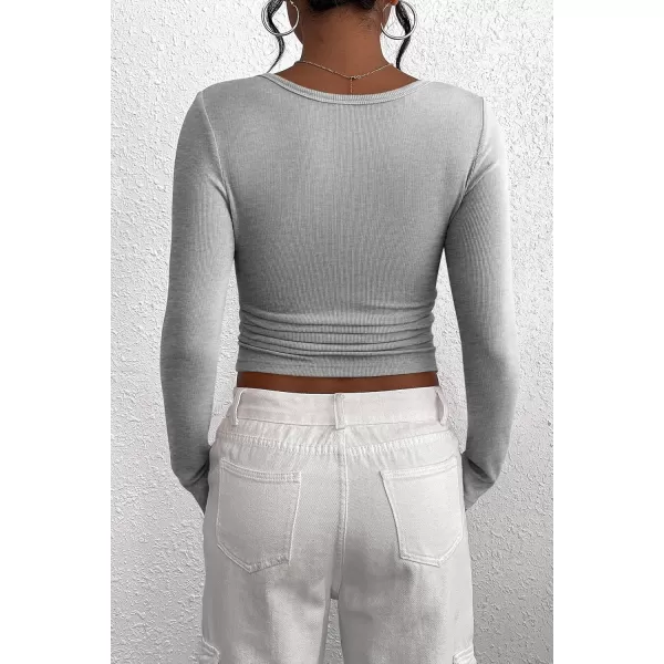 PRETTYGARDEN Womens 2024 Fall Long Sleeve Henley T Shirts Button Ribbed Knit Slim Fit Casual Basic Tops BlouseGrey