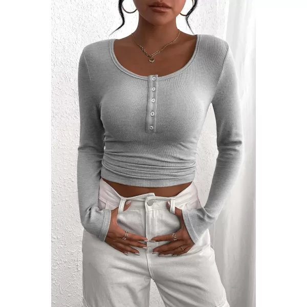 PRETTYGARDEN Womens 2024 Fall Long Sleeve Henley T Shirts Button Ribbed Knit Slim Fit Casual Basic Tops BlouseGrey