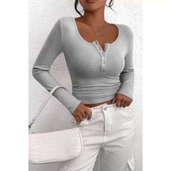 PRETTYGARDEN Womens 2024 Fall Long Sleeve Henley T Shirts Button Ribbed Knit Slim Fit Casual Basic Tops BlouseGrey
