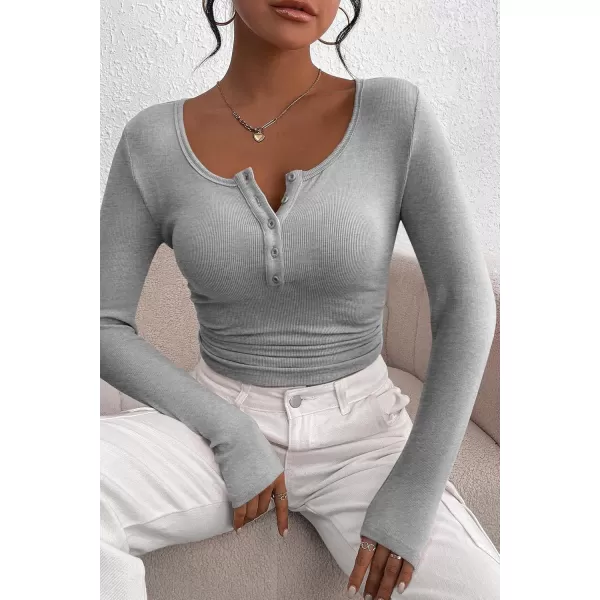 PRETTYGARDEN Womens 2024 Fall Long Sleeve Henley T Shirts Button Ribbed Knit Slim Fit Casual Basic Tops BlouseGrey