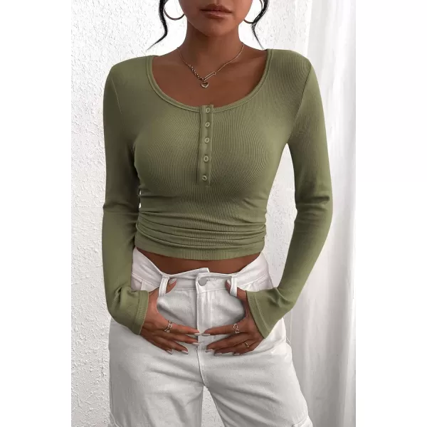 PRETTYGARDEN Womens 2024 Fall Long Sleeve Henley T Shirts Button Ribbed Knit Slim Fit Casual Basic Tops BlouseGrey Green