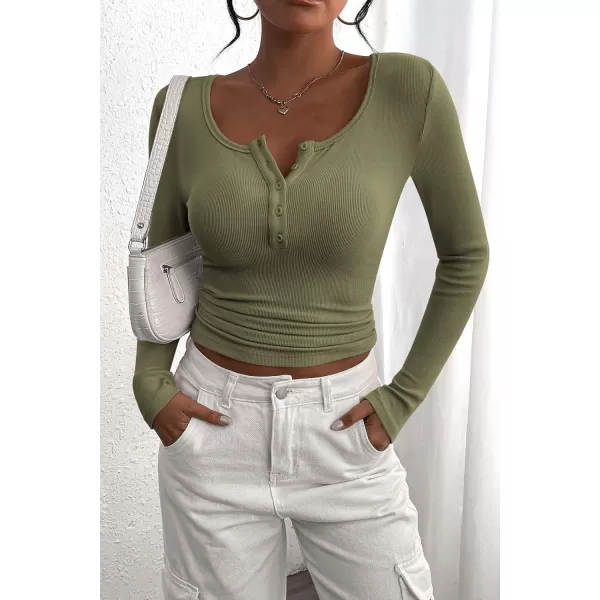 PRETTYGARDEN Womens 2024 Fall Long Sleeve Henley T Shirts Button Ribbed Knit Slim Fit Casual Basic Tops BlouseGrey Green