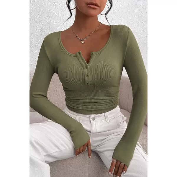 PRETTYGARDEN Womens 2024 Fall Long Sleeve Henley T Shirts Button Ribbed Knit Slim Fit Casual Basic Tops BlouseGrey Green