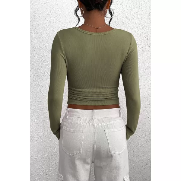 PRETTYGARDEN Womens 2024 Fall Long Sleeve Henley T Shirts Button Ribbed Knit Slim Fit Casual Basic Tops BlouseGrey Green