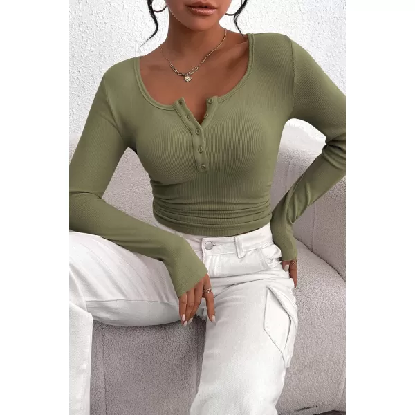 PRETTYGARDEN Womens 2024 Fall Long Sleeve Henley T Shirts Button Ribbed Knit Slim Fit Casual Basic Tops BlouseGrey Green