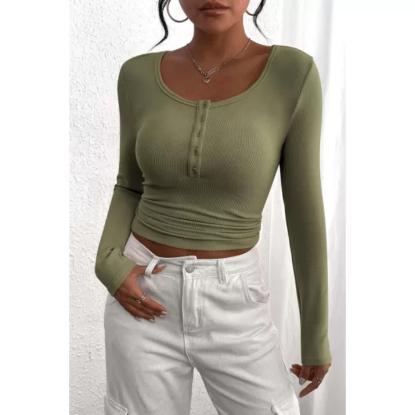 PRETTYGARDEN Womens 2024 Fall Long Sleeve Henley T Shirts Button Ribbed Knit Slim Fit Casual Basic Tops BlouseGrey Green