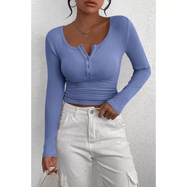 PRETTYGARDEN Womens 2024 Fall Long Sleeve Henley T Shirts Button Ribbed Knit Slim Fit Casual Basic Tops BlouseHaze Blue