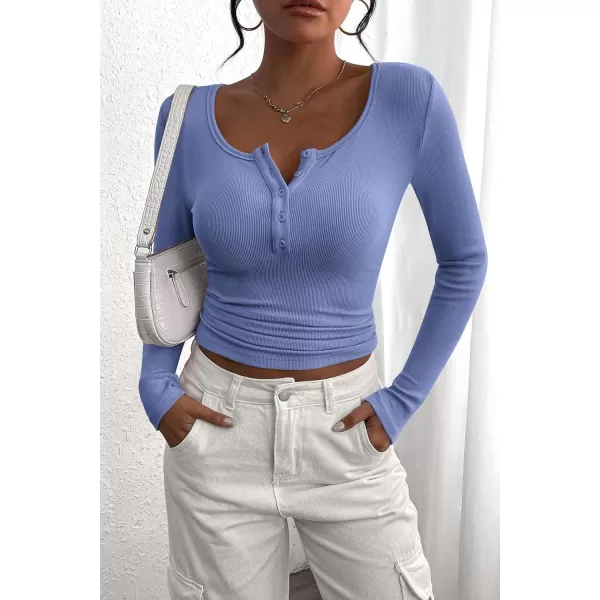 PRETTYGARDEN Womens 2024 Fall Long Sleeve Henley T Shirts Button Ribbed Knit Slim Fit Casual Basic Tops BlouseHaze Blue