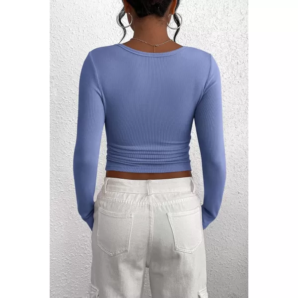 PRETTYGARDEN Womens 2024 Fall Long Sleeve Henley T Shirts Button Ribbed Knit Slim Fit Casual Basic Tops BlouseHaze Blue