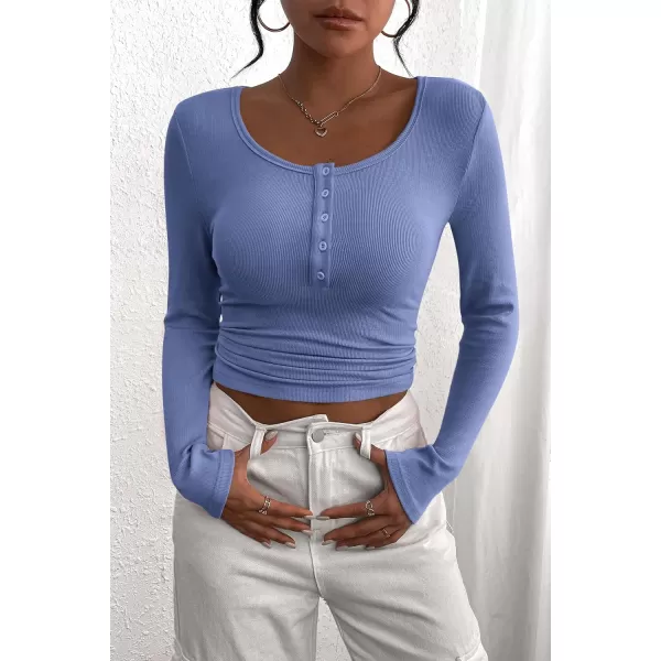 PRETTYGARDEN Womens 2024 Fall Long Sleeve Henley T Shirts Button Ribbed Knit Slim Fit Casual Basic Tops BlouseHaze Blue