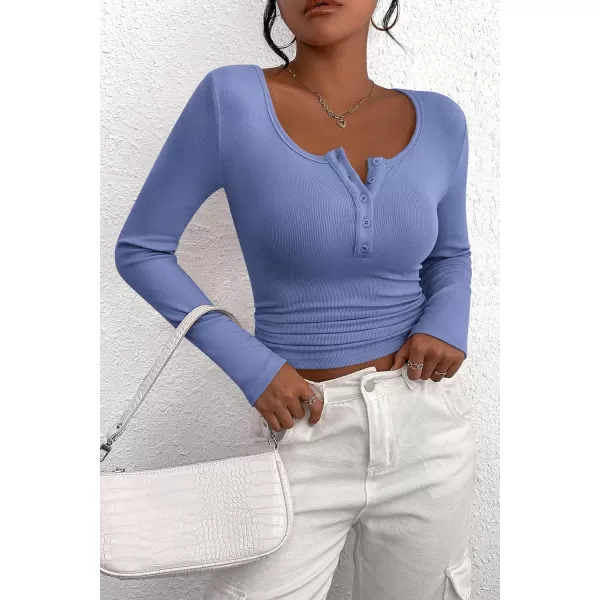 PRETTYGARDEN Womens 2024 Fall Long Sleeve Henley T Shirts Button Ribbed Knit Slim Fit Casual Basic Tops BlouseHaze Blue