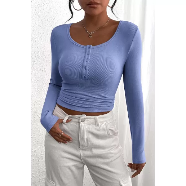 PRETTYGARDEN Womens 2024 Fall Long Sleeve Henley T Shirts Button Ribbed Knit Slim Fit Casual Basic Tops BlouseHaze Blue