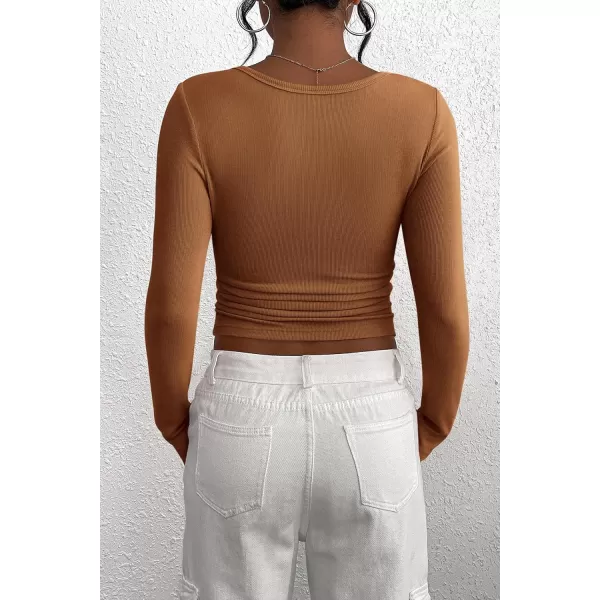 PRETTYGARDEN Womens 2024 Fall Long Sleeve Henley T Shirts Button Ribbed Knit Slim Fit Casual Basic Tops BlouseKhaki