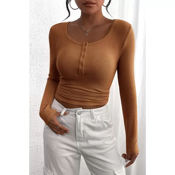 PRETTYGARDEN Womens 2024 Fall Long Sleeve Henley T Shirts Button Ribbed Knit Slim Fit Casual Basic Tops BlouseKhaki