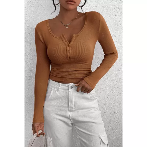 PRETTYGARDEN Womens 2024 Fall Long Sleeve Henley T Shirts Button Ribbed Knit Slim Fit Casual Basic Tops BlouseKhaki