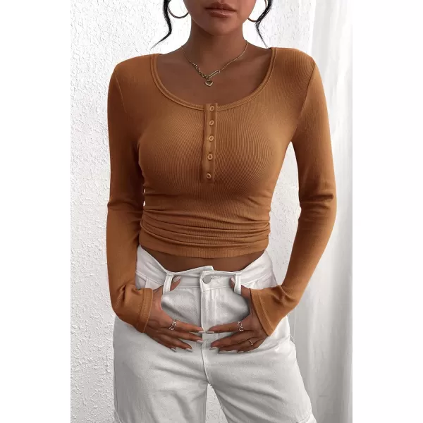 PRETTYGARDEN Womens 2024 Fall Long Sleeve Henley T Shirts Button Ribbed Knit Slim Fit Casual Basic Tops BlouseKhaki