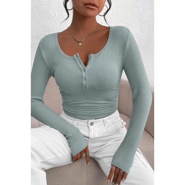 PRETTYGARDEN Womens 2024 Fall Long Sleeve Henley T Shirts Button Ribbed Knit Slim Fit Casual Basic Tops BlouseLake Blue