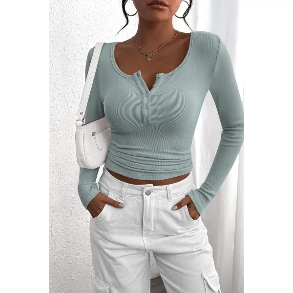 PRETTYGARDEN Womens 2024 Fall Long Sleeve Henley T Shirts Button Ribbed Knit Slim Fit Casual Basic Tops BlouseLake Blue