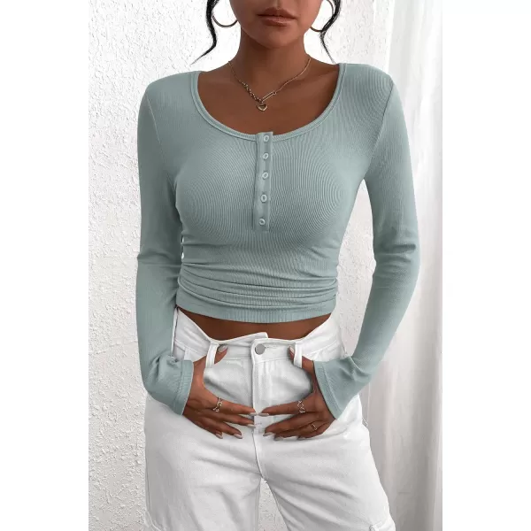 PRETTYGARDEN Womens 2024 Fall Long Sleeve Henley T Shirts Button Ribbed Knit Slim Fit Casual Basic Tops BlouseLake Blue