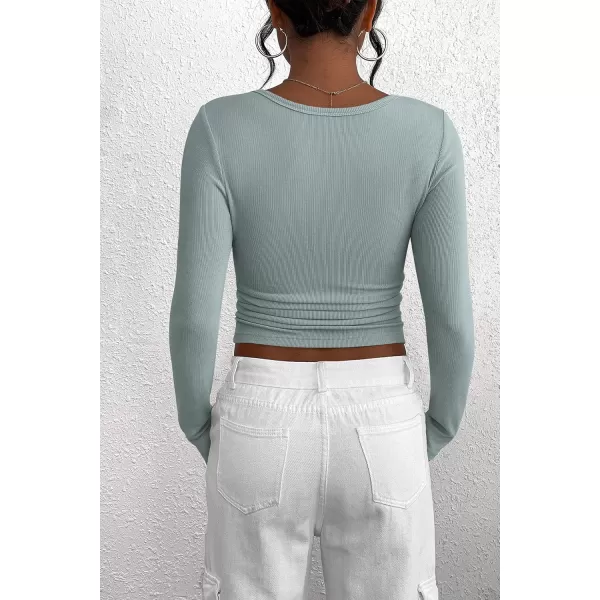 PRETTYGARDEN Womens 2024 Fall Long Sleeve Henley T Shirts Button Ribbed Knit Slim Fit Casual Basic Tops BlouseLake Blue