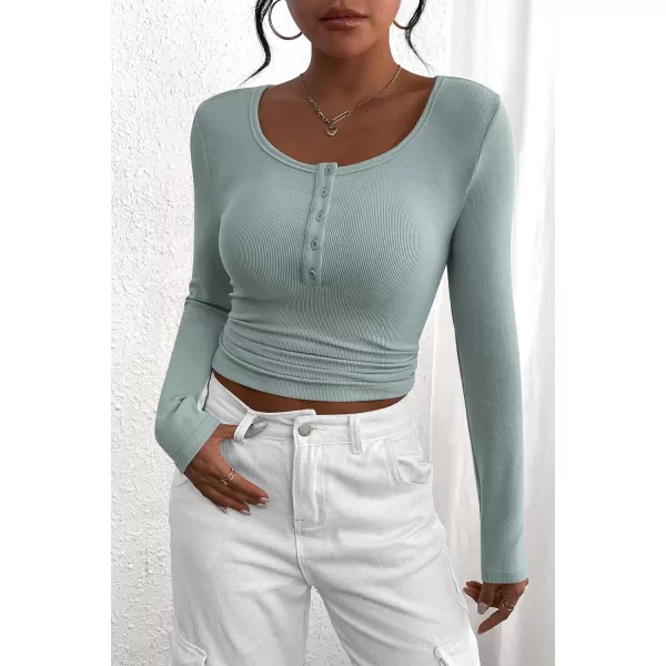PRETTYGARDEN Womens 2024 Fall Long Sleeve Henley T Shirts Button Ribbed Knit Slim Fit Casual Basic Tops BlouseLake Blue