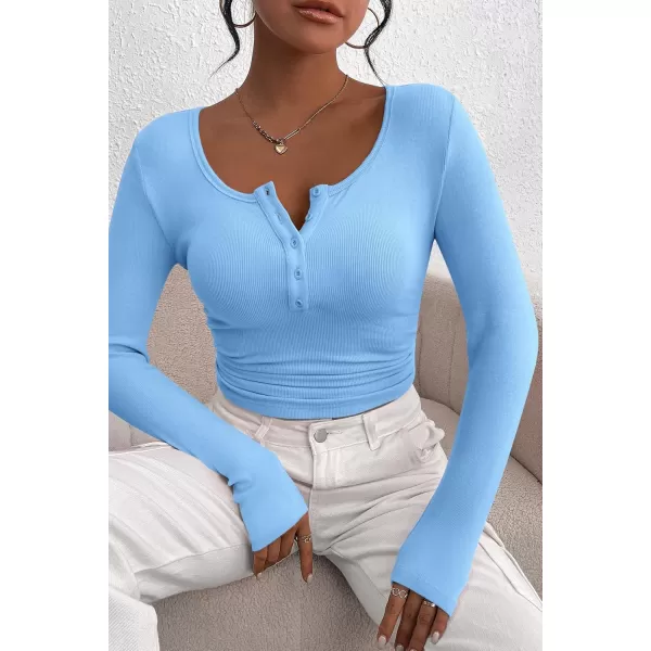 PRETTYGARDEN Womens 2024 Fall Long Sleeve Henley T Shirts Button Ribbed Knit Slim Fit Casual Basic Tops BlouseLight Blue
