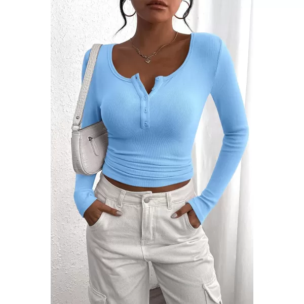 PRETTYGARDEN Womens 2024 Fall Long Sleeve Henley T Shirts Button Ribbed Knit Slim Fit Casual Basic Tops BlouseLight Blue