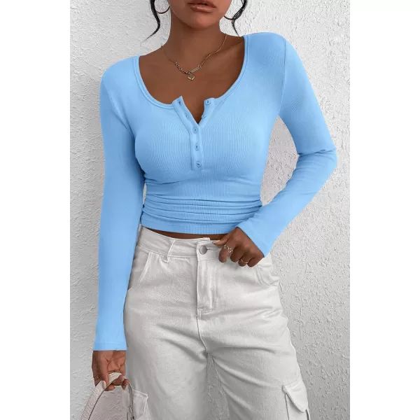 PRETTYGARDEN Womens 2024 Fall Long Sleeve Henley T Shirts Button Ribbed Knit Slim Fit Casual Basic Tops BlouseLight Blue