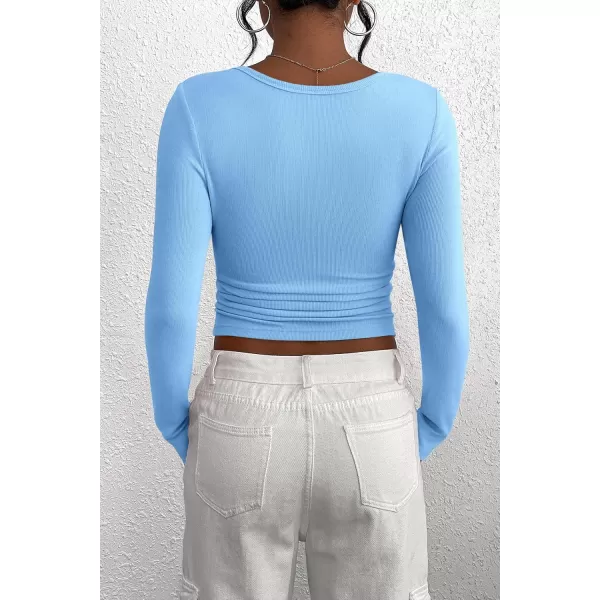 PRETTYGARDEN Womens 2024 Fall Long Sleeve Henley T Shirts Button Ribbed Knit Slim Fit Casual Basic Tops BlouseLight Blue