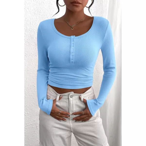 PRETTYGARDEN Womens 2024 Fall Long Sleeve Henley T Shirts Button Ribbed Knit Slim Fit Casual Basic Tops BlouseLight Blue