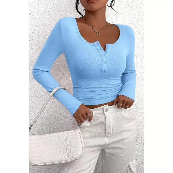 PRETTYGARDEN Womens 2024 Fall Long Sleeve Henley T Shirts Button Ribbed Knit Slim Fit Casual Basic Tops BlouseLight Blue