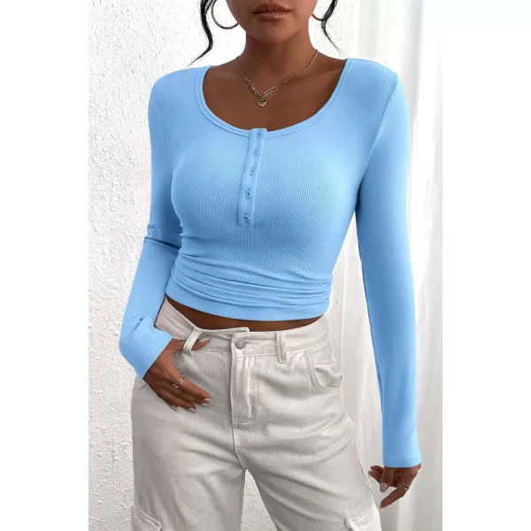 PRETTYGARDEN Womens 2024 Fall Long Sleeve Henley T Shirts Button Ribbed Knit Slim Fit Casual Basic Tops BlouseLight Blue