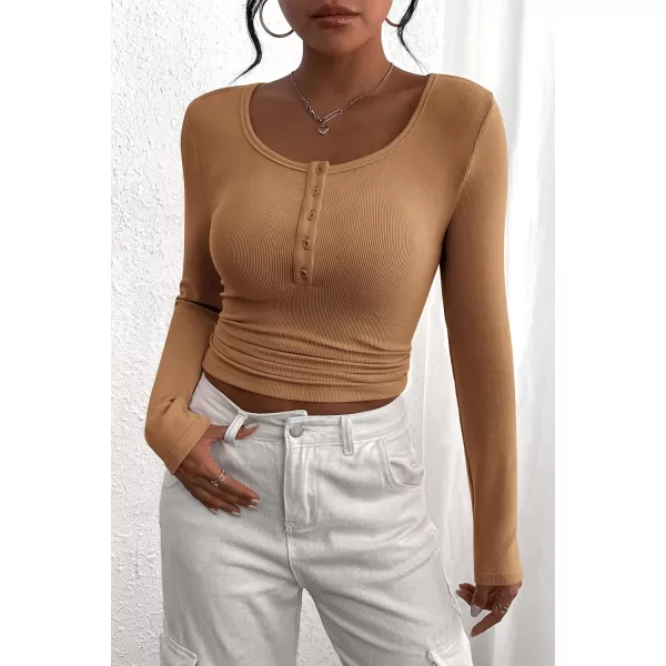 PRETTYGARDEN Womens 2024 Fall Long Sleeve Henley T Shirts Button Ribbed Knit Slim Fit Casual Basic Tops BlouseLight Camel