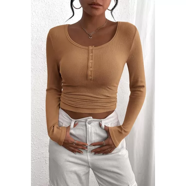 PRETTYGARDEN Womens 2024 Fall Long Sleeve Henley T Shirts Button Ribbed Knit Slim Fit Casual Basic Tops BlouseLight Camel