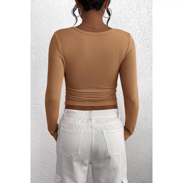 PRETTYGARDEN Womens 2024 Fall Long Sleeve Henley T Shirts Button Ribbed Knit Slim Fit Casual Basic Tops BlouseLight Camel