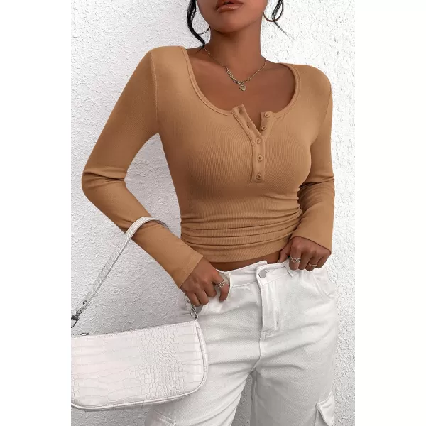 PRETTYGARDEN Womens 2024 Fall Long Sleeve Henley T Shirts Button Ribbed Knit Slim Fit Casual Basic Tops BlouseLight Camel