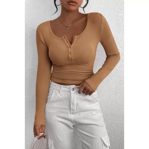 PRETTYGARDEN Womens 2024 Fall Long Sleeve Henley T Shirts Button Ribbed Knit Slim Fit Casual Basic Tops BlouseLight Camel
